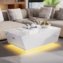 Modern 41.3'' high gloss coffee table with LED lighting and two large hidden storage drawers, designed for contemporary living rooms.