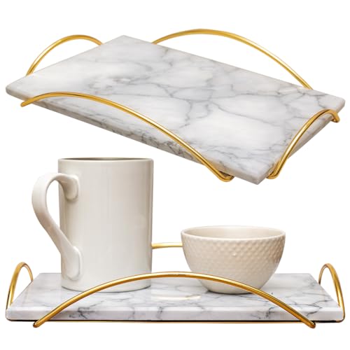 Elegant Marble Serving Tray with Gold Handles - 12x8 Inch Decorative Tray for Food & Events by Museo