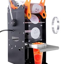 JIAWANSHUN Manual Cup Sealing Machine designed for 90mm and 95mm boba tea cups. Features include a sturdy carbon steel body