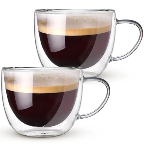 Set of 2 hand-blown double walled glass coffee mugs, each with an 8-ounce capacity, featuring a clear design and heat-resistant properties. Ideal for coffee, tea, lattes, and more, with a stylish and elegant appearance. 