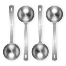 Flezoo 4-Piece Coffee Scoop Set featuring 15ml stainless steel scoops with long handles, clear measurement markings, and a hanging design