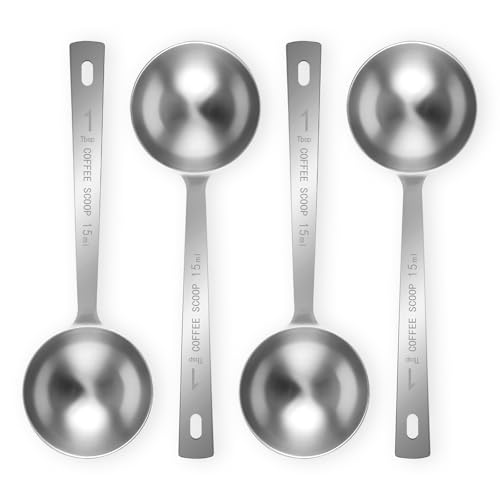 Flezoo 4-Piece Coffee Scoop Set featuring 15ml stainless steel scoops with long handles, clear measurement markings, and a hanging design