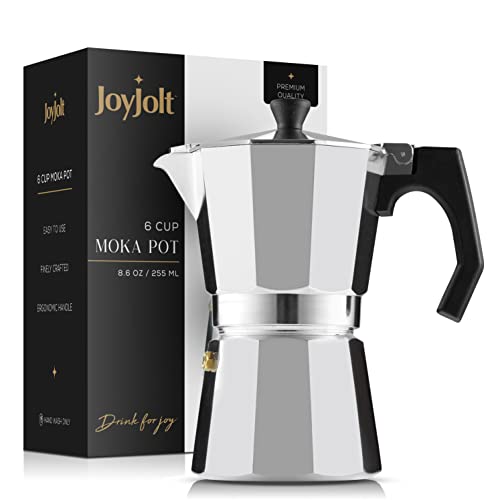 JoyJolt Italian Moka Pot 6 Cup – Stovetop Espresso Maker with heat-resistant handles, featuring a stylish ombre design, suitable for various stovetops and camping