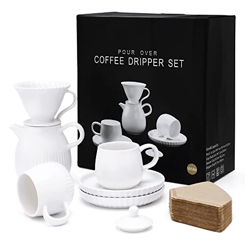 D'ORAMIE Pour Over Coffee Dripper Set - Ceramic Coffee Pot, Dripper, Cups, and Saucer with Filter Paper in a Gift Box