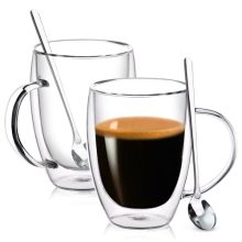 Set of 2 FULGNU 12 Oz Double Wall Glass Coffee Mugs with Handles - Clear Insulated Mugs for Espresso, Latte, and More