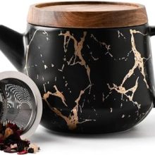 Elegant 28oz Black Marble Ceramic Teapot with Wooden Lid and Stainless Steel Infuser, Perfect for Loose Leaf and Blooming Tea Brewing