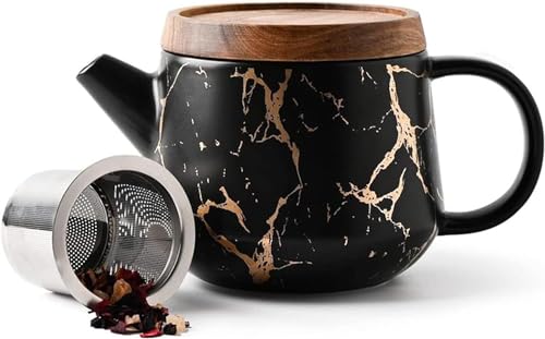 Elegant 28oz Black Marble Ceramic Teapot with Wooden Lid and Stainless Steel Infuser, Perfect for Loose Leaf and Blooming Tea Brewing