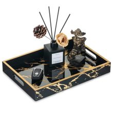 Hanobe Black Marble Decorative Tray with Gold Rim, Ideal for Coffee Tables, Ottomans, and Bathroom Counters – Elegant and Functional Home Decor.