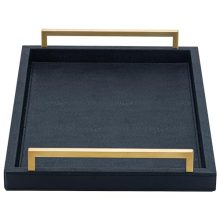 17x12 Black Faux Leather Serving Tray with Brushed Gold Handles – Elegant Decorative Tray for Coffee Table, Living Room, and Kitchen