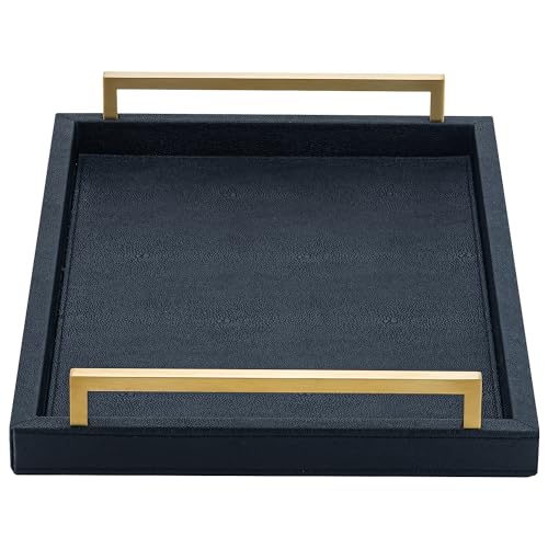 17x12 Black Faux Leather Serving Tray with Brushed Gold Handles – Elegant Decorative Tray for Coffee Table, Living Room, and Kitchen