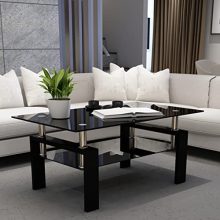 IANIYA Clear Glass Coffee Table with an all-black metal tube frame and dual-layer design, perfect for modern living rooms, offices, or bedrooms.