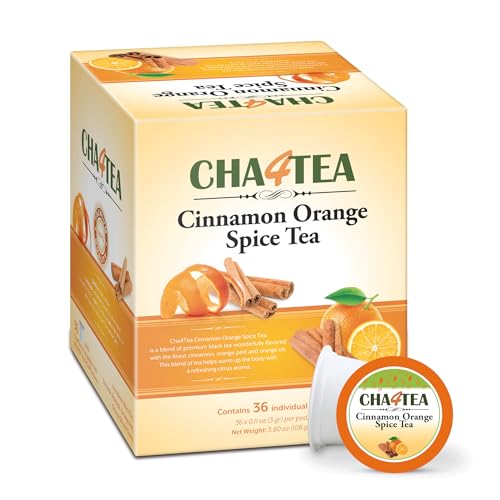 36-count Cha4Tea Cinnamon Orange Spice Black Tea Pods for Keurig, featuring a blend of black tea, orange peel, cinnamon, and cloves