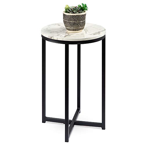 Modern 16-inch faux marble accent table with a black metal frame and non-marking foot glides, ideal for use as a side table or small coffee table in living rooms or dining areas.