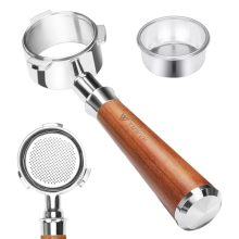 54mm bottomless portafilter with walnut handle and stainless steel filter basket designed for Breville Barista Series espresso machines.