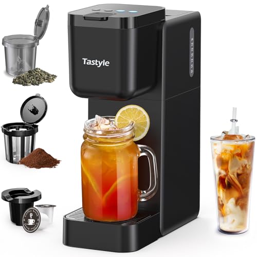 Black 3-in-1 coffee maker with a 16oz reservoir, brewing a cup of iced coffee in a tall travel mug.