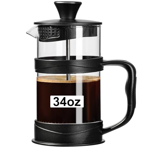 34oz French Press Coffee Maker with triple-layered filter and heat-resistant glass, perfect for home, office, and travel brewing.