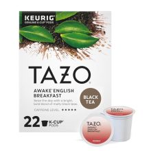 TAZO Awake English Breakfast K-Cups – 22-count pack of bold and highly caffeinated black tea K-Cups. Ideal for a strong morning brew with a rich, malty flavor