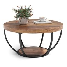 32-inch round coffee table with a spacious wood top and 2-tier design featuring a brown wood finish and black metal legs, adding industrial style and functional storage to any living room