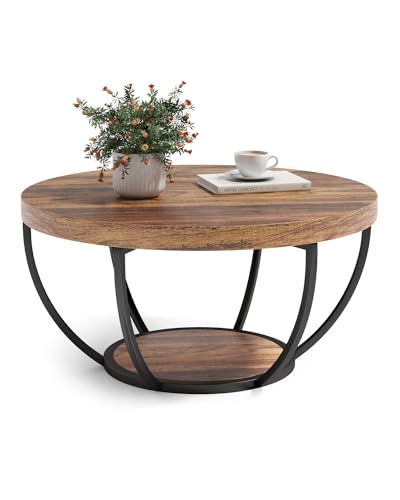 32-inch round coffee table with a spacious wood top and 2-tier design featuring a brown wood finish and black metal legs, adding industrial style and functional storage to any living room