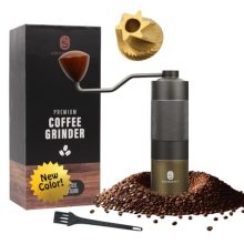 GRINDCRAFT Premium Manual Burr Coffee Grinder with titanium-plated stainless steel burrs, aluminum body, adjustable grind settings, and compact design for drip coffee, French press, and espresso.