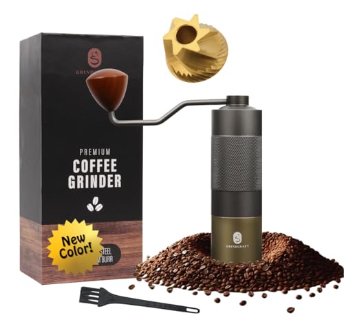 GRINDCRAFT Premium Manual Burr Coffee Grinder with titanium-plated stainless steel burrs, aluminum body, adjustable grind settings, and compact design for drip coffee, French press, and espresso.