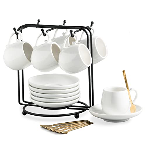 LYEOBOH Ceramic Espresso Cups Set of 6 with Saucers, Spoons, and Metal Stand in Classic White - 3 oz Each