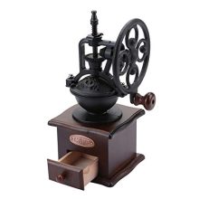 Vintage-style manual coffee grinder with wooden body, side handle, and adjustable ceramic burr for perfect coffee grinding.