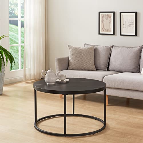 Modern black marble round coffee table with a heavy-duty metal frame. Features an extra-thick MDF top, 31.5 inches in diameter