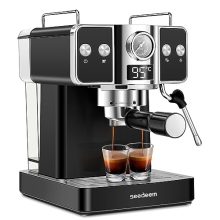 SEEDEEM 20-Bar Stainless Steel Espresso Machine with Milk Frother, showcased on a modern kitchen counter with a fresh cappuccino