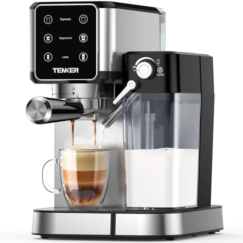 Silver TENKER 20 Bar Espresso Machine with Automatic Milk Frother, 1350W Touchscreen Coffee Maker, includes removable water tank and milk reservoir, ideal for home or office use