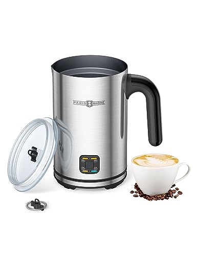 PARIS RHÔNE 4-in-1 Electric Milk Frother with 300ml Capacity - Ideal for Hot and Cold Foam for Lattes, Cappuccinos, and Macchiatos, Silver Finish