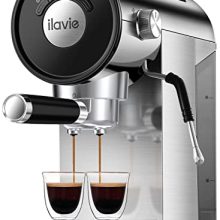 ILAVIE Espresso Machine with 20 bar pressure and 30 oz removable tank, featuring a stainless steel milk frother, compact design