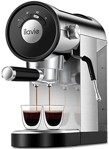 ILAVIE Espresso Machine with 20 bar pressure and 30 oz removable tank, featuring a stainless steel milk frother, compact design