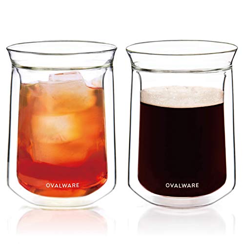 OVALWARE Double Wall Insulated Glass Cups – 12oz Borosilicate Glass Mugs for Coffee, Tea, Whiskey & Cocktails – Set of 2