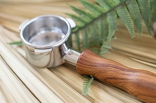 54mm bottomless portafilter with stainless steel basket and red rosewood handle for Breville espresso machines, providing a clear view of the espresso extraction