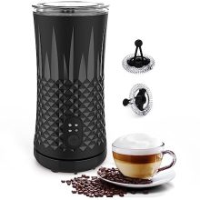 A sleek SOMKTN Electric Milk Frother sitting on a kitchen counter, with perfectly frothed milk pouring into a cup of steaming hot coffee.