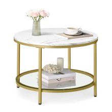 VASAGLE Round Coffee Table with Faux Marble Top and Glass Shelf – Elegant 2-Tier Center Table in Marble White and Pale Gold, Modern Design for Living Room