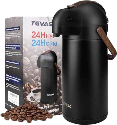 Stainless Steel 3L Airpot Coffee Dispenser with Pump, Keeps Drinks Hot for 12 Hours and Cold for 24 Hours