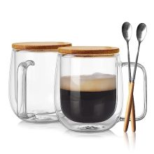 Set of 2 Double Wall Glass Espresso Mugs with Lids and Spoons – 12oz Insulated Coffee Cups with Handle and Suspended Base Design