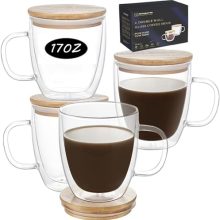 Set of 4 Double Wall Borosilicate Glass Coffee Mugs with Lids. 17 oz clear mugs with double insulation, ideal for hot and cold beverages.