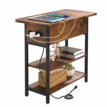 Compact Side Table with Charging Station – Features USB Ports, Outlets, Flip-Top Drawer, and Storage Shelves for Small Spaces