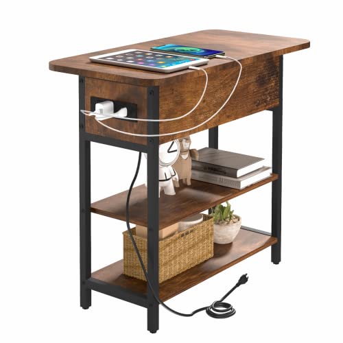 Compact Side Table with Charging Station – Features USB Ports, Outlets, Flip-Top Drawer, and Storage Shelves for Small Spaces