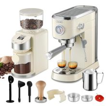 Gevi 20 Bar Espresso Machine with built-in burr grinder and steam wand, featuring a sleek stainless steel design and included accessories such as a portafilter