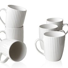 Set of six 11-ounce white porcelain mugs with vertical stripes, showcasing a sleek and elegant design suitable for coffee, tea, and hot cocoa.