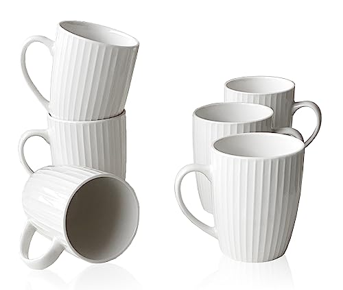 Set of six 11-ounce white porcelain mugs with vertical stripes, showcasing a sleek and elegant design suitable for coffee, tea, and hot cocoa.