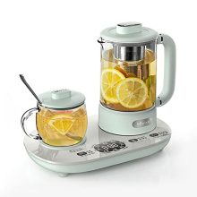 Bear YSH-C06N1 Health Pot with electric kettle, cup warmer, glass kettle with infuser, and temperature control features, including a ceramic cup lid and stainless steel infuser.