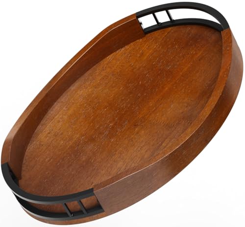 Premium Oak Wood Serving Tray with Metal Handles - 17x13 Round Tray for Coffee Table, Breakfast in Bed, and Outdoor Use