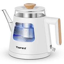 Topwit Electric Gooseneck Kettle featuring a 1.0L capacity with a removable stainless steel infuser, double wall design for safety, and a BPA-free borosilicate glass body