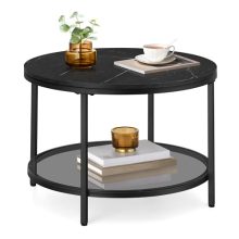 VASAGLE Round Coffee Table with Faux Marble Top and Tempered Glass Storage Shelf