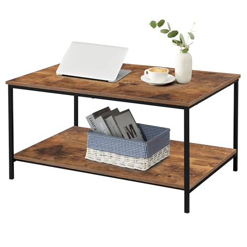 Compact brown rectangle coffee table with a 2-tier design and sturdy metal frame, ideal for small living rooms and apartments